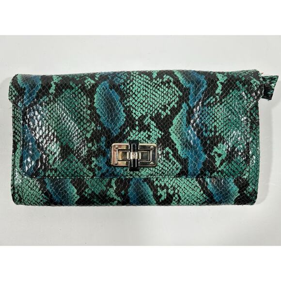 Big Buddha Handbags - Big Buddha Jdara Emerald/Blue/Black Faux Python Snakeskin Print Clutch NWT